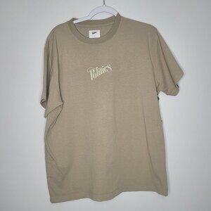 Politics tan text logo front short sleeve minimalist tan shirt size large NWT